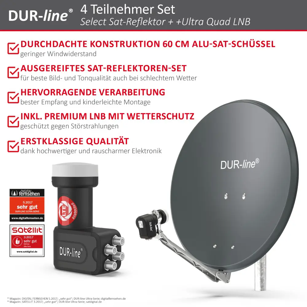 DUR-line Select 4 Teilnehmer Set - Qualitäts-Alu-Satelliten-Komplettanlage - Select 60cm/65cm Spiegel/Schüssel Anthrazit + Quad LNB - für 4 Receiver/TV