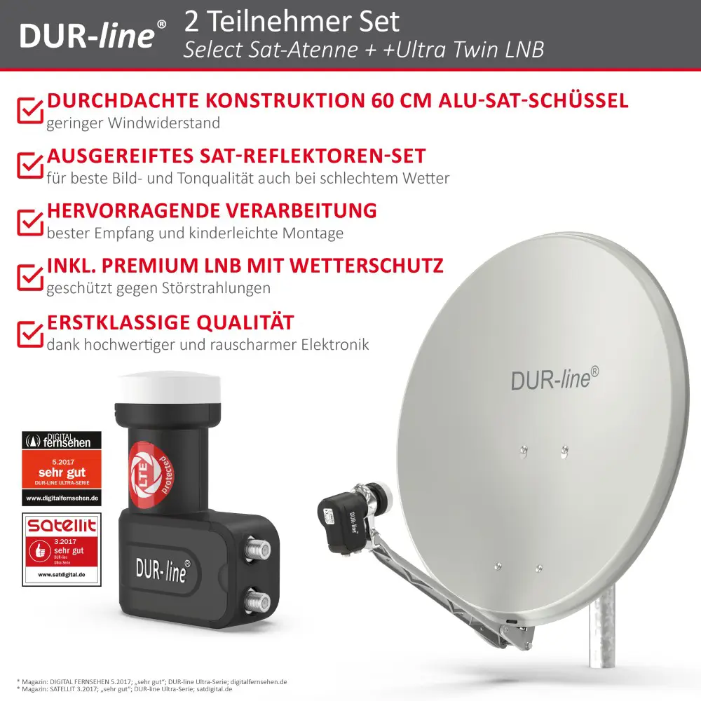 DUR-line Select 2 Teilnehmer Set - Qualitäts-Alu-Satelliten-Komplettanlage - Select 60cm/65cm Spiegel/Schüssel Hellgrau + Twin LNB - für 2 Receiver/TV