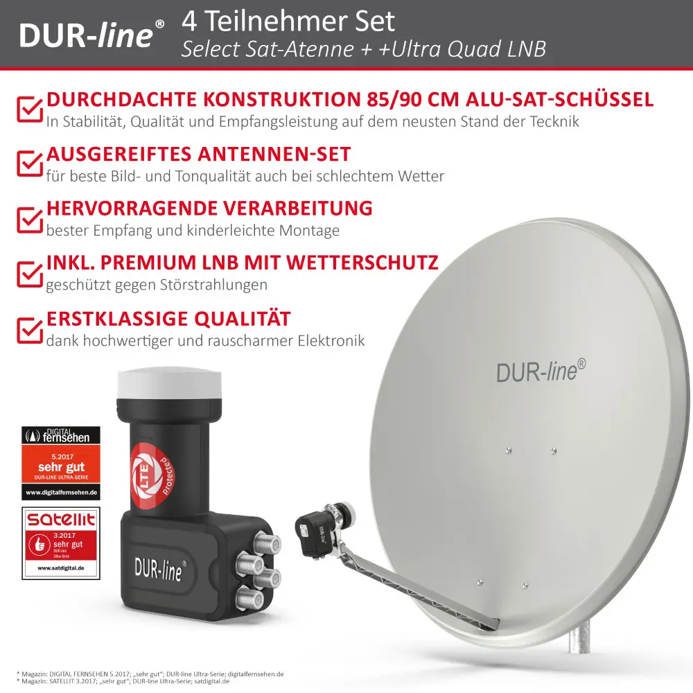 DUR-line Select 4 Teilnehmer Set - Qualitäts-Alu-Satelliten-Komplettanlage - Select 85cm/90cm Spiegel/Schüssel Hellgrau + Quad LNB - für 4 Receiver/TV 