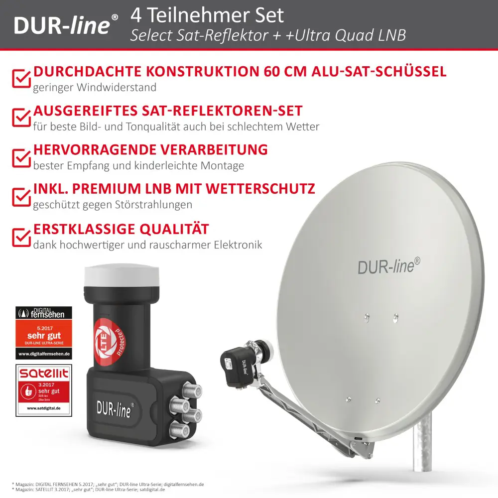 DUR-line Select 4 Teilnehmer Set - Qualitäts-Alu-Satelliten-Komplettanlage - Select 60cm/65cm Spiegel/Schüssel Hellgrau + Quad LNB - für 4 Receiver/TV