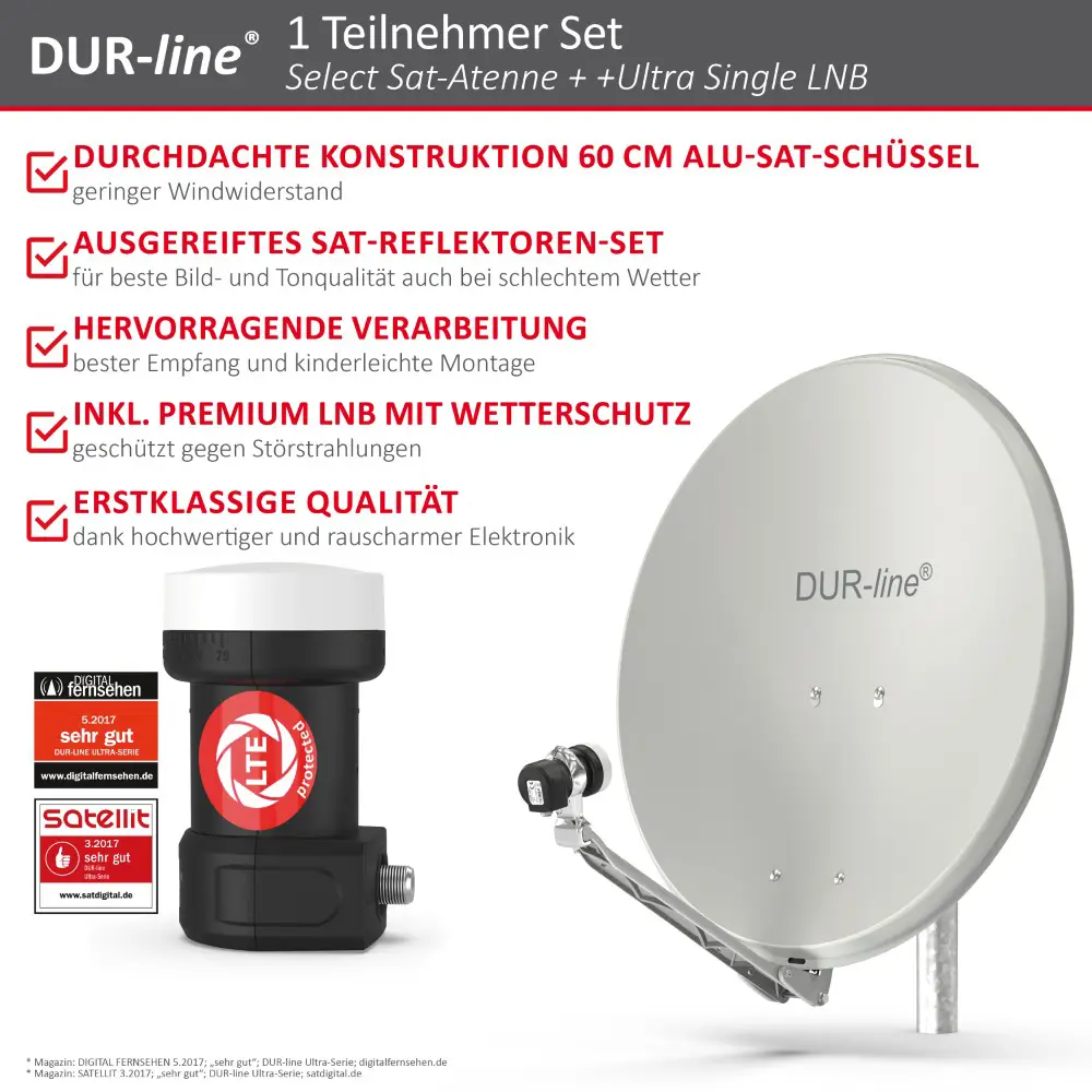DUR-line Select 1 Teilnehmer Set - Qualitäts-Alu-Satelliten-Komplettanlage - Select 60cm/65cm Spiegel/Schüssel Hellgrau + Single LNB - für 1 Receiver/TV
