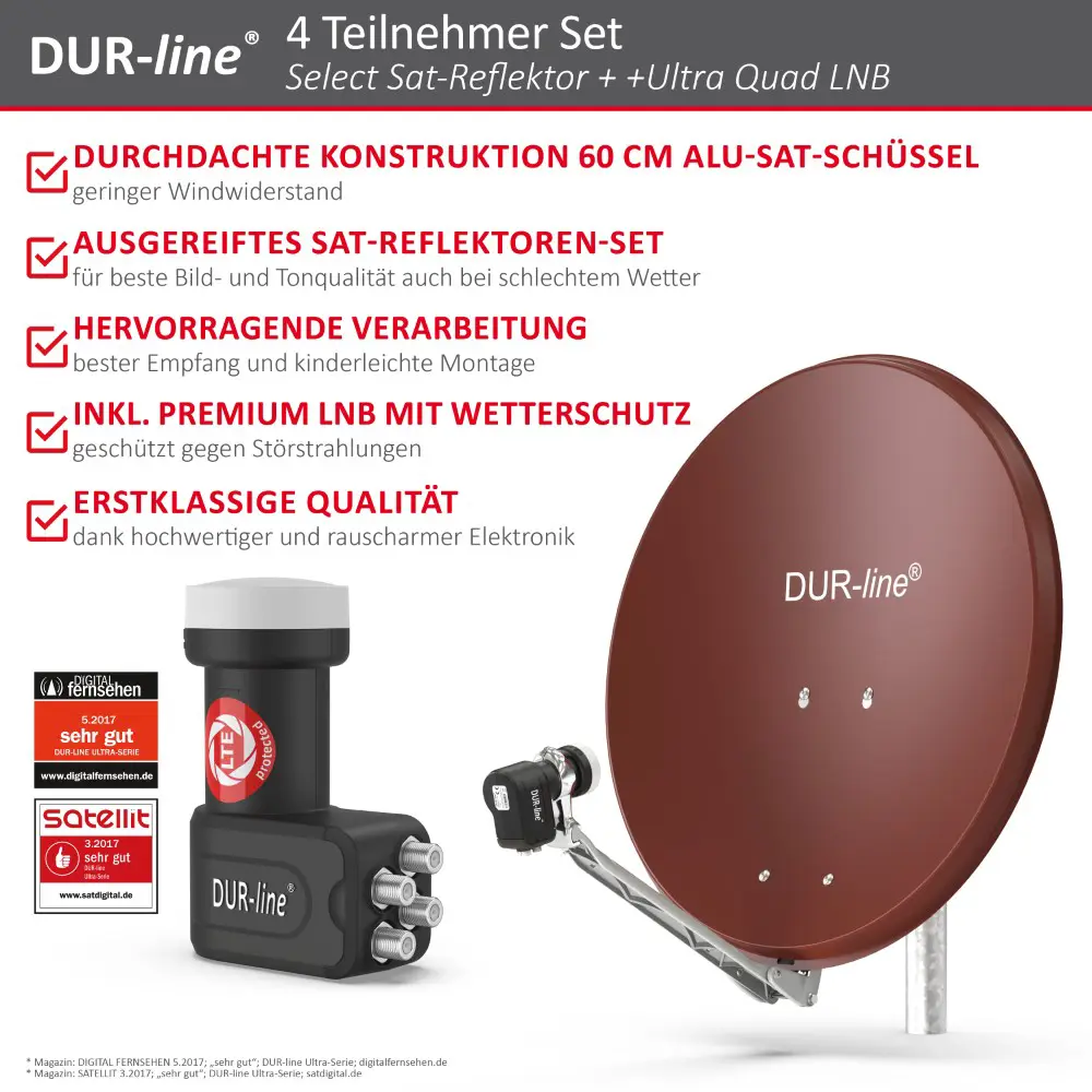DUR-line Select 4 Teilnehmer Set - Qualitäts-Alu-Satelliten-Komplettanlage - Select 60cm/65cm Spiegel/Schüssel Rot + Quad LNB - für 4 Receiver/TV