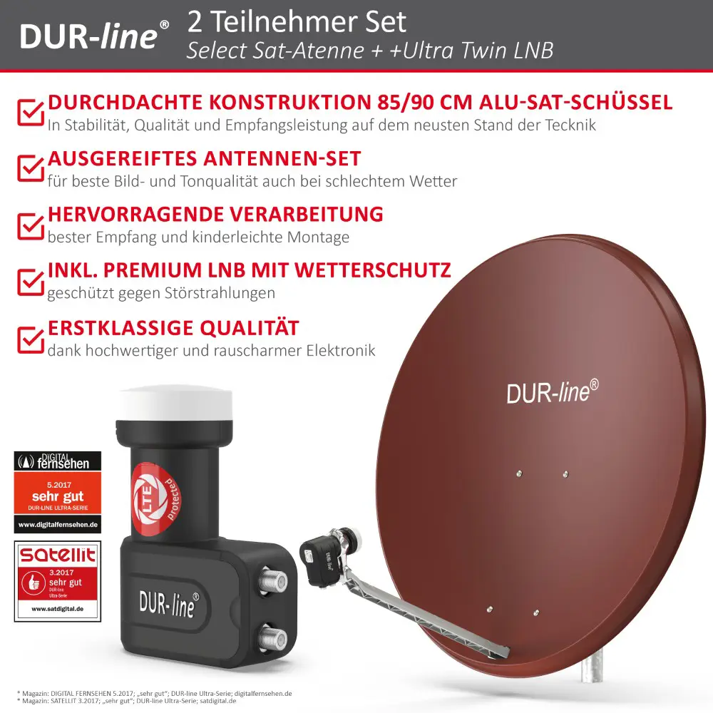 DUR-line Select 2 Teilnehmer Set - Qualitäts-Alu-Satelliten-Komplettanlage - Select 85cm/90cm Spiegel/Schüssel Rot + Twin LNB - für 2 Receiver/TV