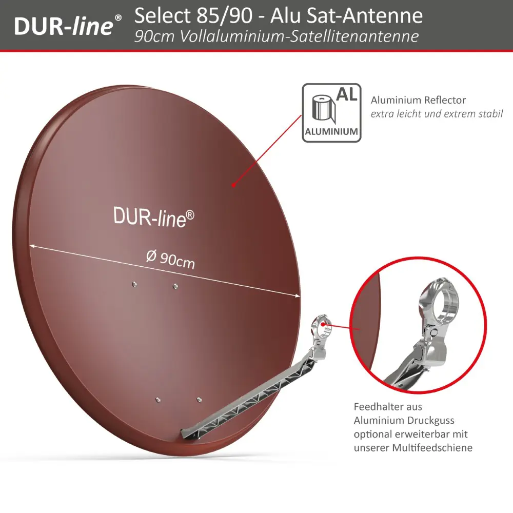 DUR-line Select 8 Teilnehmer Set - Qualitäts-Alu-Satelliten-Komplettanlage - Select 85cm/90cm Spiegel/Schüssel Rot + Octo LNB - für 8 Receiver/TV 