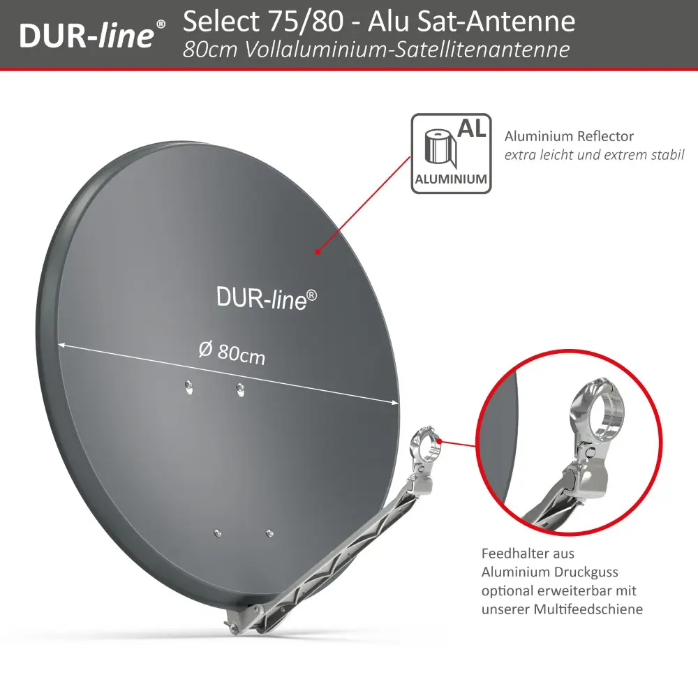DUR-line Select 1 Teilnehmer Set - Qualitäts-Alu-Satelliten-Komplettanlage - Select 75cm/80cm Spiegel/Schüssel Anthrazit + Single LNB - für 1 Receiver/TV 